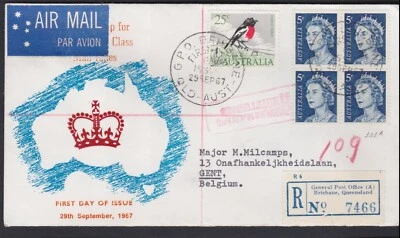 1967 45c Total 5c QEII Block FDC + 25c Robin Bird Registered Uprated to Belgium  - Image 1 of 4