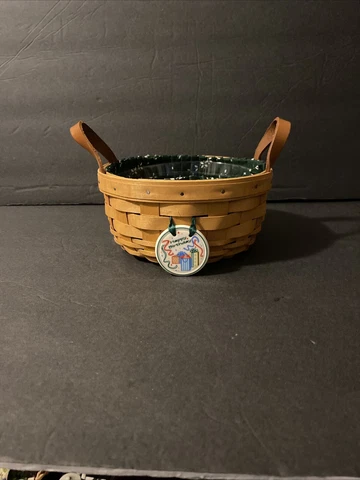 Longaberger Sm Round Button Basket Leather Handles 1999 liner/protector/tie on Cover