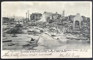 California earthquake postcard Fourth Street Looking East from B Santa Rosa - Imagen 1 de 2