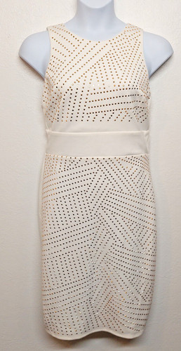 OFF WHITE Abito RUSH taglia 12 bianco sporco borchie oro ginocchio spandex elasticizzato tuba linea A tubino