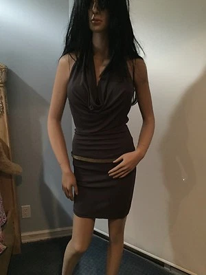 Vestido halter cinturón cadena fija cuello capucha drapeado jersey gris pizarra alto hippie Foto 1 de 4