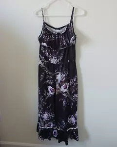 Boohoo Womens Purple White Floral Jumpsuit Sz 10 Spaghetti Strap Wide Leg Ruffle - Picture 1 of 6