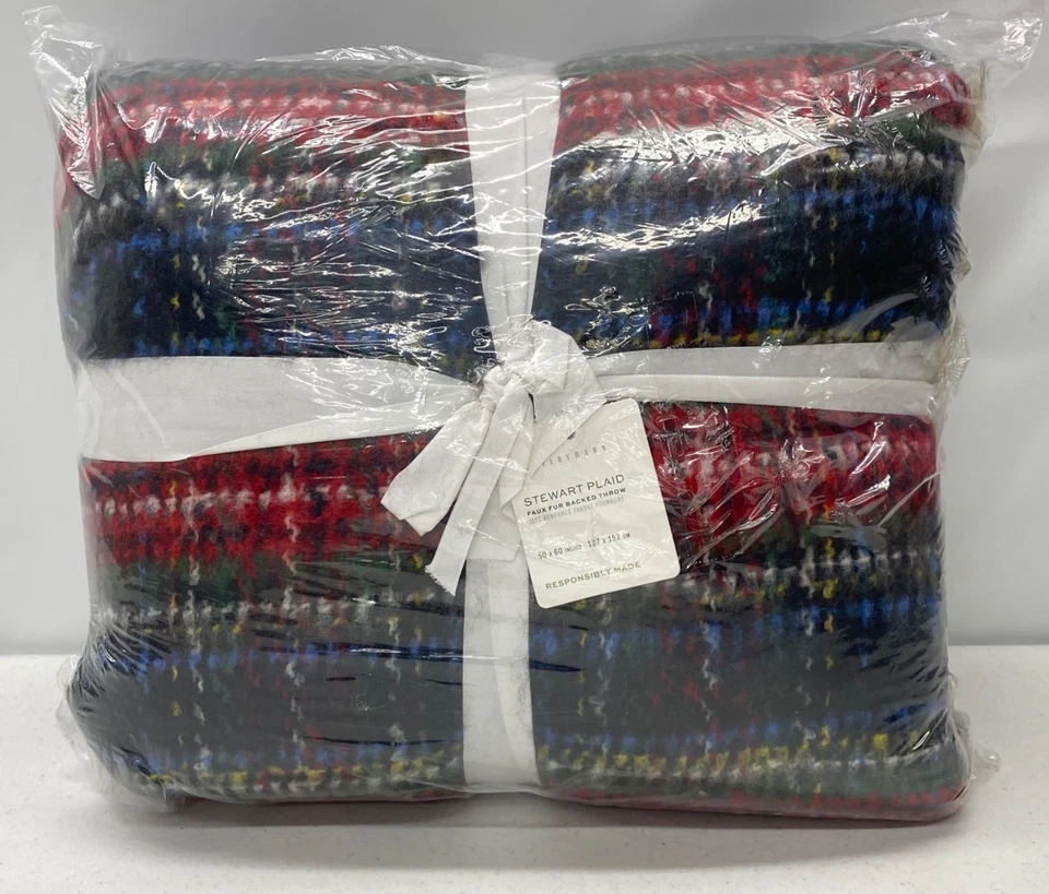 NEW Pottery Barn Stewart Plaid Faux Fur Backed 50 x 60 Throw Blanket~Black Multi - Image 1 of 1