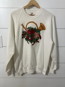 VINTAGE Jerzees Sweatshirt Damen großer Weihnachtskranz bestickt Made USA 90 - Bild 1 von 9