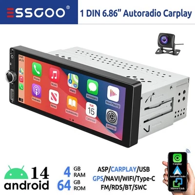 Android 14 Autoradio 1 DIN 4+64G Carplay +Kamera GPS Navi USB Typ-C WIFI BT RDS - Bild 1 von 4