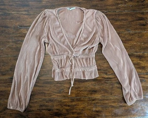Zara Women Top Small Pleated V Neck Long Sleeve Ribbed Metallic Taupe - Picture 1 of 10