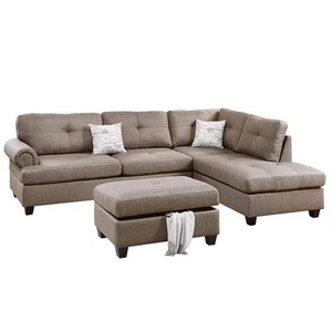 Poundex 3 Piece Fabric Sectional Sofa Set with Storage Ottoman in Light Coffee - Picture 1 of 9