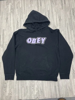 Obey 女式连帽运动衫粗黑色 LT 紫色标志 S 码 — 第 1/4 张图片