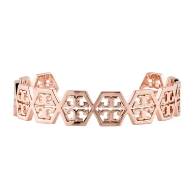Tory Burch Hexagon Frozen Logo Cuff Bracelet Rose Gold Plated Bangle Jewelry - Image 1 of 4