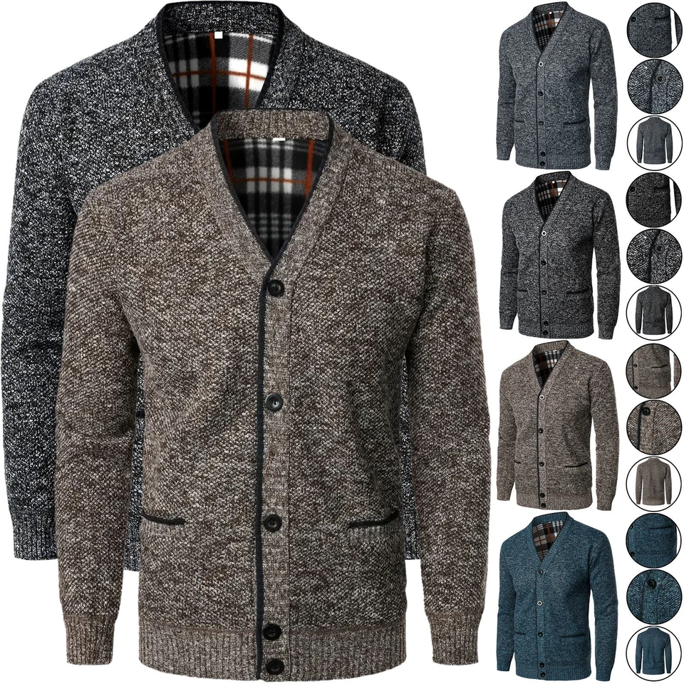 Mens Button Up Thick Winter Fleece Lined Knitted Cardigan Jumper Warm Sweater - Image 1 of 1