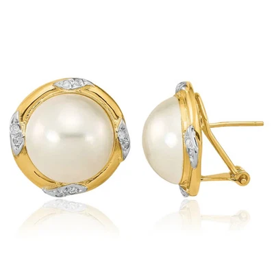 14K Solid Yellow Gold 13mm White Mabe Saltwater Cultured Pearl Diamond Omega ... - Image 1 of 4