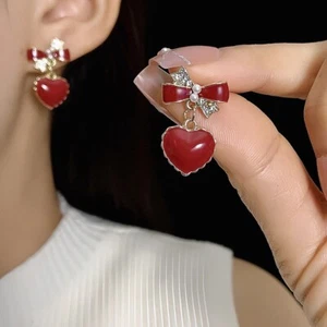 Art Deco Inspired Red Bow Heart Drop Earrings Vintage Style Jewellery - Picture 1 of 8