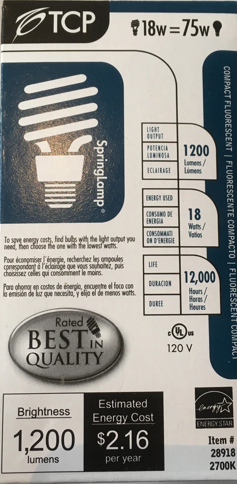 [2 PACK] TCP Springlamp Bulbs 18 Watt Compact Fluorescent Item # 28918 - Image 1 of 1