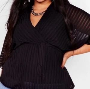 Nasty Gal Black Kimono Sleeve Sheer Stripe Wrap Blouse Top Sz 22 Plus Size - Picture 1 of 9