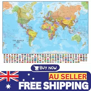 MAP OF THE WORLD POSTER FLAGS GIANT SIZE 120x80CM WALL PRINT TRAVEL (LAMINATED) - Picture 1 of 9