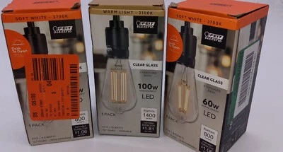 3 Feit Electric 60W Bulb Clear Glass LED Vtg Dusk/Dawn N-Dimmable➕100W Dimmable  - Image 1 of 4