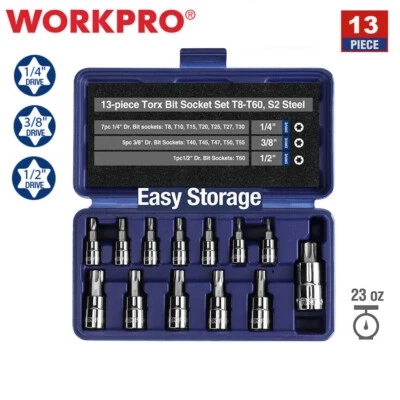 WORKPRO 13 Pcs 1/4" 3/8" 1/2" Drive Bit Socket Set T8-T60 Impact Bit Socket Set - Image 1 of 4