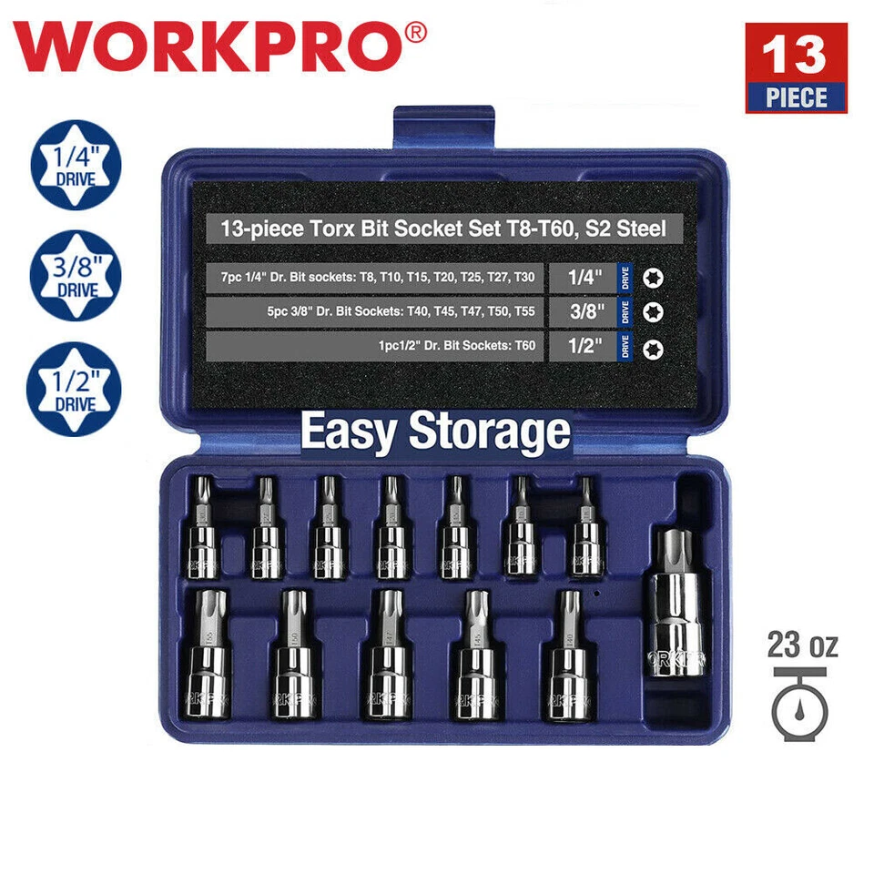 WORKPRO 13 Pcs 1/4" 3/8" 1/2" Drive Bit Socket Set T8-T60 Impact Bit Socket Set - Image 1 of 4