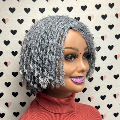 Peluca corta imitación locs Dreadlock pelucas trenzadas sintéticas para mujeres negras gris plata Foto 1 de 4