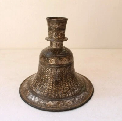 古董老式精美银色镶嵌Bidri工作铁水烟底锅收藏品NH4254 — 第 1/4 张图片