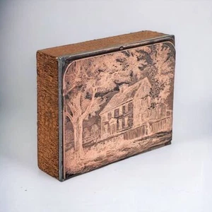 VINTAGE Rare Printing Block Press Stamp Wood With Copper Face Boston Front House - Picture 1 of 12