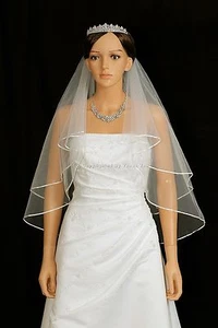 2T Ivory Elbow Length 1/8" Ribbon Edge Center Gathered Bridal Wedding Veil - Picture 1 of 5