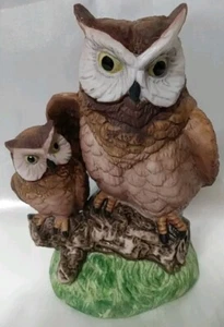 Porcelain Hand Painted Mom Owl W/ Baby Figurine Perched on a Branch 5" Vintage  - Picture 1 of 20