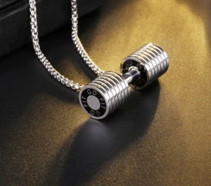DUMBBELL WEIGHT BARBELL GYM EXERCISE on pendant 22" Plated Silver 925 necklace - Picture 1 of 7