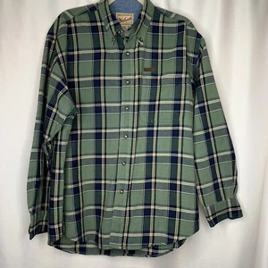 WOOLRICH Large Button Down Shirt Green Blue Plaid Heavy Material Men's Flannel - Picture 1 of 6