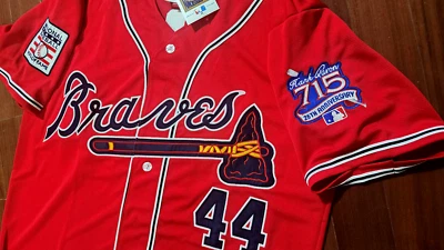 Brand New! Atlanta Braves #44 Hank Aaron Cooperstown 2patch sewn Jersey Red Mens - Image 1 of 4