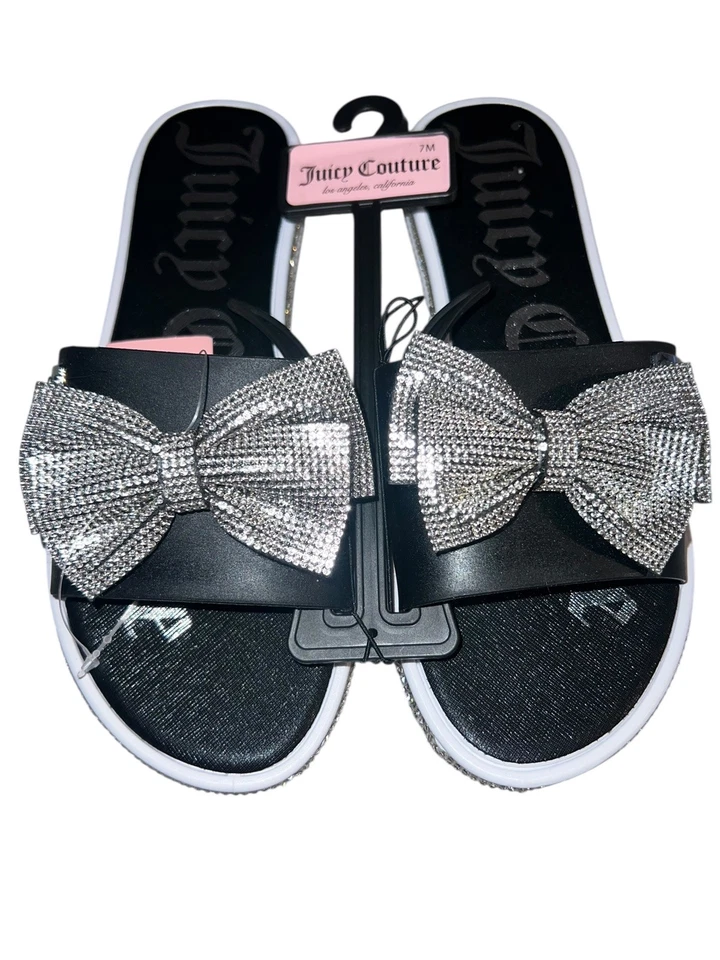 NUEVAS Sandalias Juicy Couture Negras Yolox Estrás Lazo Mujeres 7 Negro Blanco Slides Foto 1 de 2