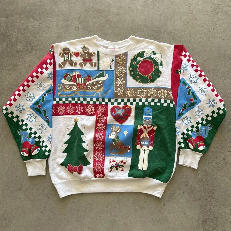 De colección Años 80 Jane Colby Blanco Multicolor AOP Navidad Cuello Redondo Hecho en EE. UU. Foto 1 de 4
