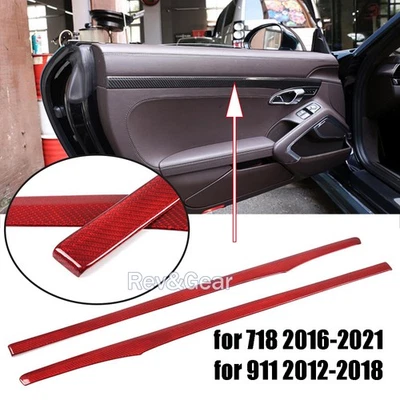 Tira de moldura de panel de puerta interior de fibra de carbono roja para Porsche 718 911 991 Cayman Foto 1 de 4
