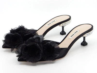 MIU MIU Negro Satén, Encaje y Diamante Cristal Flor Mula Zapatos 37.5 Nuevos Foto 1 de 4