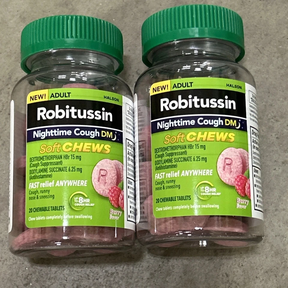 全新带盒 2 PK Robitussin,夜间咳嗽 DM 冷药,浆果味,20 克拉 12/25 — 第 1/1 张图片