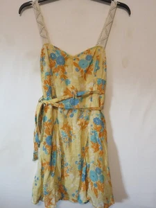 Vestido Free People Talla 12 Mezcla de Lino Amarillo Floral Corbata Sin Mangas Tirantes Informal - Imagen 1 de 13