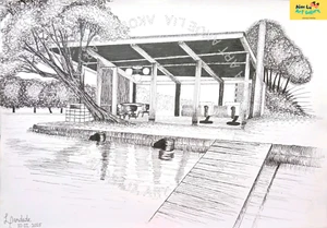 Free Shipping Worldwide "Villa" Original Drawing Handmade - Picture 1 of 5