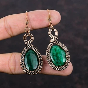 Faceted Zambian Emrald Copper Jewelry Wire Wrapped Drop/Dangle Earrings 2.56" - Picture 1 of 6