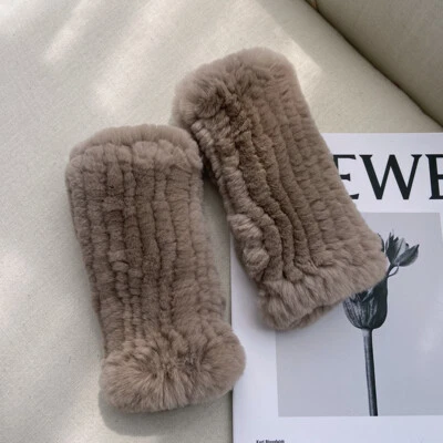 Women's Warm Real Rex Rabbit Fur Gloves Winter Knitted Wrist Mittens Xams Gift - Image 1 of 4