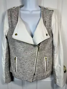 Kut From The Kloth Women White Ivory Full Zip Tweed Faux Leather Moto Jacket S - Picture 1 of 9