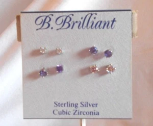 NEW STERLING SILVER CLEAR & PURPLE CUBIC ZIRCONIA STUD EARRINGS... .... NICE - Picture 1 of 5