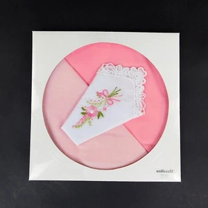 Collectif Pck 3 Handkerchiefs Japan Cotton White Embroidered 2 Pink Hanky - Picture 1 of 5