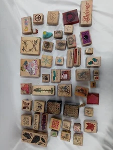 Mixed Lot Of 49 Wooden Rubber Stamps Alphabet Letters Flowers Christmas Fall  - Picture 1 of 4
