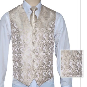 Champagne Men's Paisley Tuxedo Suit / Dress Vest Waistcoat & Neck tie & Hankie - Picture 1 of 4