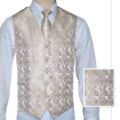 Champagne Men's Paisley Tuxedo Suit / Dress Vest Waistcoat & Neck tie & Hankie - Image 1 of 4
