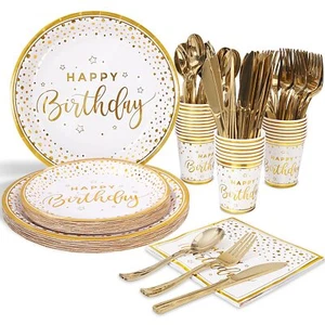 175PCS Happy Birthday Plates and Napkins Party Supplies Gold Dot Paper Plates... - Picture 1 of 7