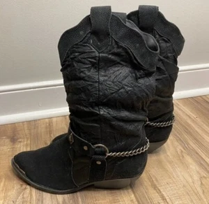 11 - THE LEATHER COLLECTION Womens Black Slouchy Western Harness Boots - Picture 1 of 6