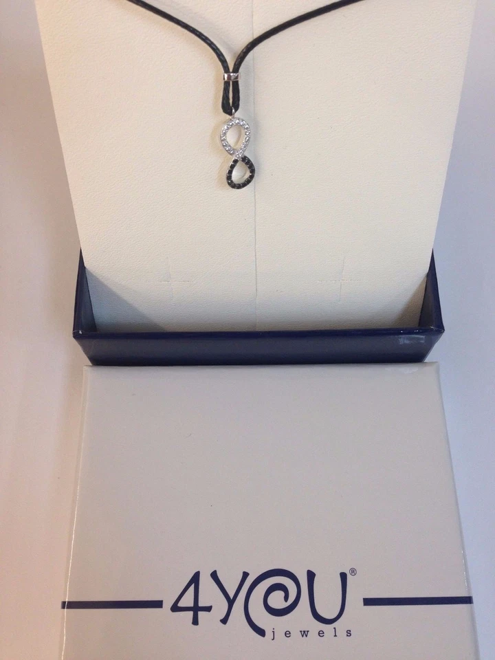 collana uomo donna argento 925%  zirconi bianchi e neri infinito cordoncino nero - Immagine 1 di 1