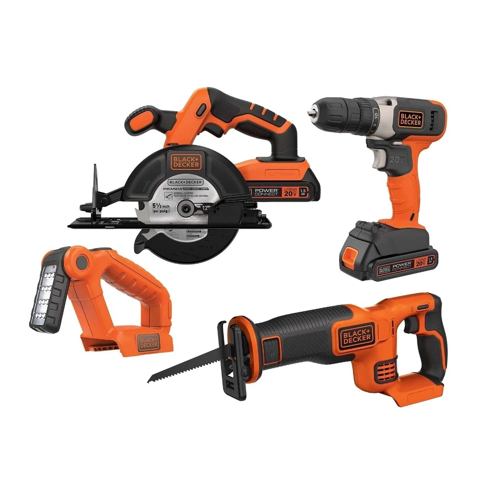 Black+Decker 20v 4Tool Drill,CircularSaw,ReciprocatingSaw,Light,2Batteries,Charg - Image 1 of 1