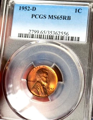 Wheat Cent 1952 D PCGS MS 65 RB End Roll Toned Stunner Blazing Beauty - Image 1 of 3